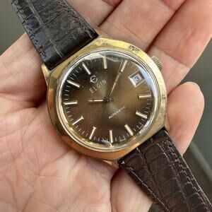 Vintage Elgin Swiss Made Automatic Men’s Watch Brown Dial Gold Tone Date Window